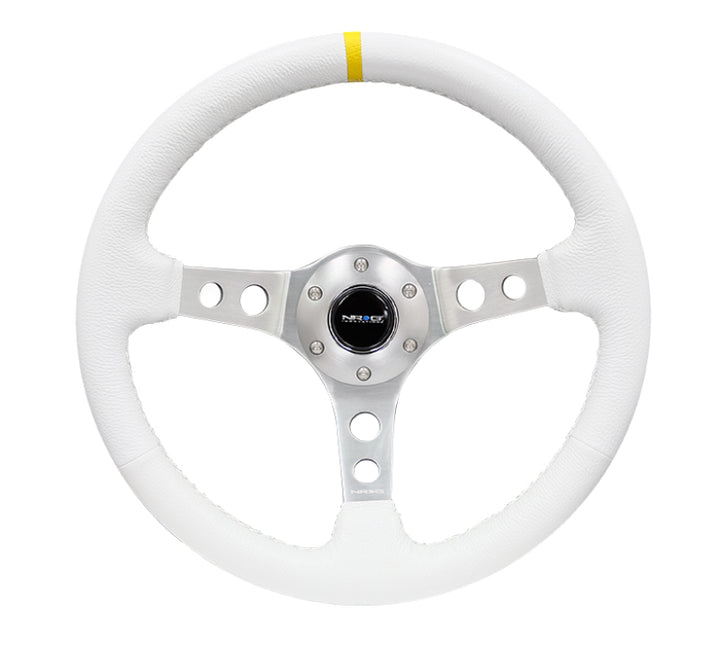 NRG Reinforced Steering Wheel (350mm / 3in. Deep) White Leather w/Silver Spoke & Single Yellow Mark