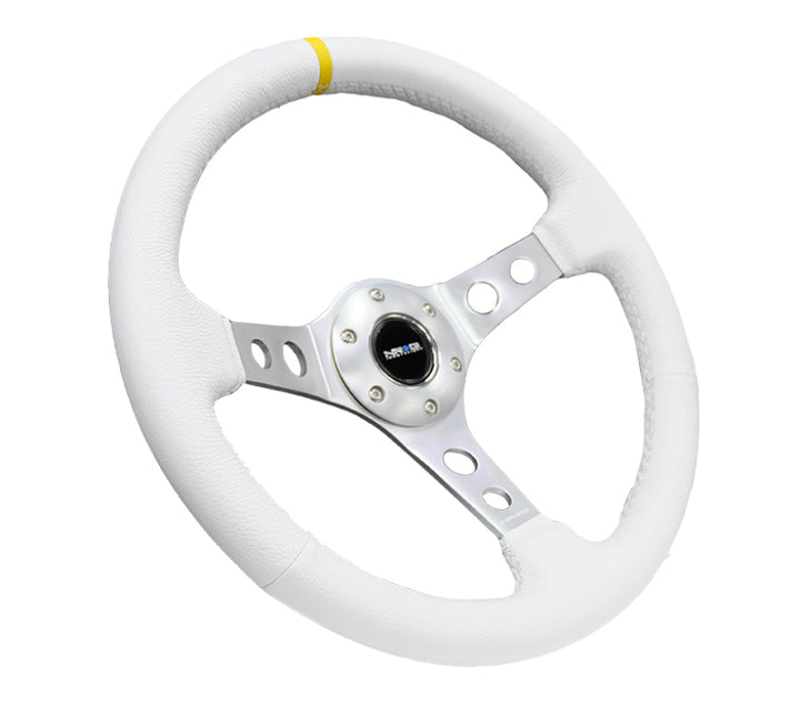 NRG Reinforced Steering Wheel (350mm / 3in. Deep) White Leather w/Silver Spoke & Single Yellow Mark
