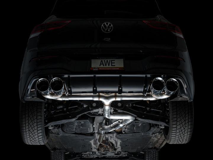 AWE Tuning MK8 Volkswagen Golf R 3in Track Edition Quad Exhaust - Chrome Silver Tips