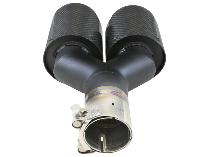 aFe Takeda 2.5in 304 Stainless Steel Clamp-on Exhaust Tip Driver side 2.5in Inlet 4in Dual-Carbon