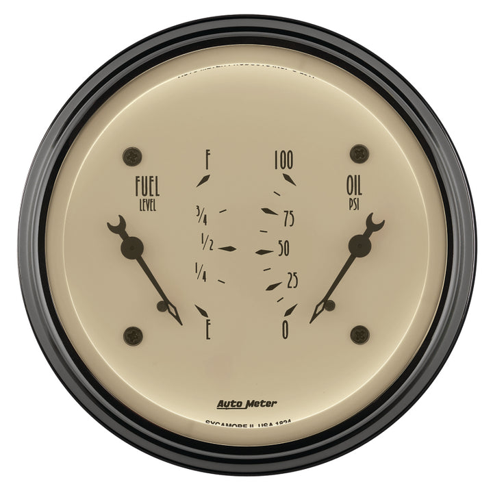 AutoMeter Gauge Dual Fuel & Oilp 3-3/8in. 0 Ohm(e) to 90 Ohm(f)& 100PSI Elec Antique Beige