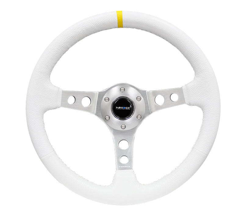 NRG Reinforced Steering Wheel (350mm / 3in. Deep) White Leather w/Silver Spoke & Single Yellow Mark