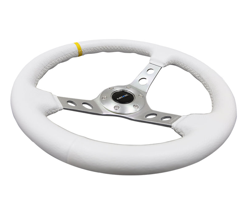 NRG Reinforced Steering Wheel (350mm / 3in. Deep) White Leather w/Silver Spoke & Single Yellow Mark