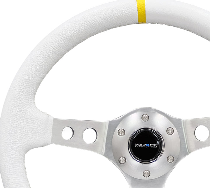 NRG Reinforced Steering Wheel (350mm / 3in. Deep) White Leather w/Silver Spoke & Single Yellow Mark
