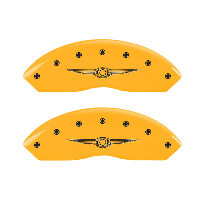 MGP 4 Caliper Covers Engraved Front & Rear Style 1/Chrysler Wing Yellow finish black ch