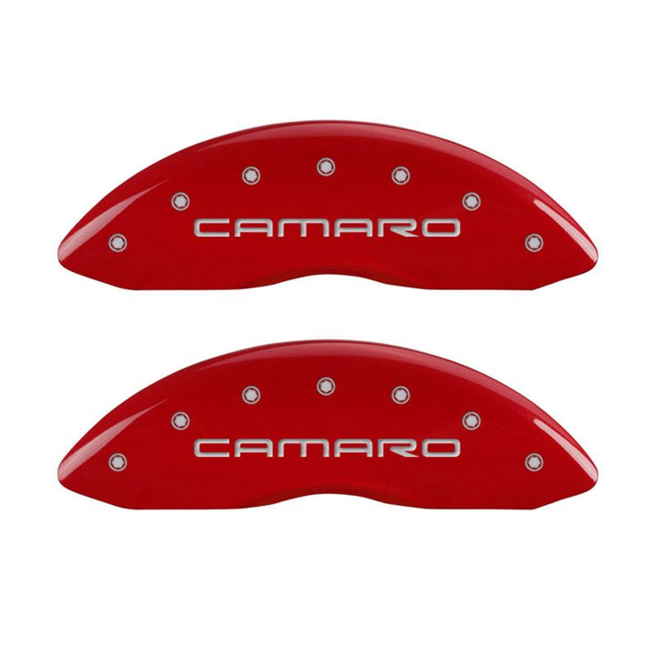 MGP 4 Caliper Covers Engraved Front Gen 4/Camaro Engraved Rear Gen 4/Z28 Red finish silver ch