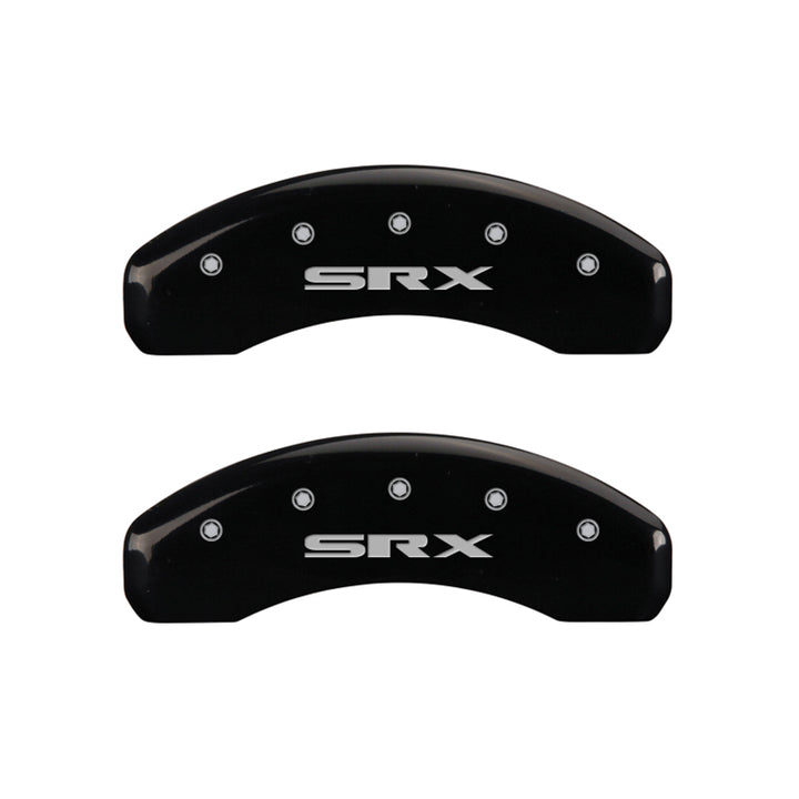 MGP 4 Caliper Covers Engraved Front Cursive/Cadillac Engraved Rear SRX Black finish silver ch