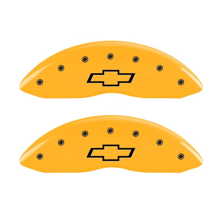MGP 2 Caliper Covers Engraved Front Bowtie Yellow Finish Blk Char 05 Chevy Silverado 1500