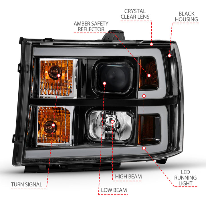 ANZO 2007-2013 GMC Sierra 1500 Projector Headlight Plank Style Black w/ Clear Lens Amber