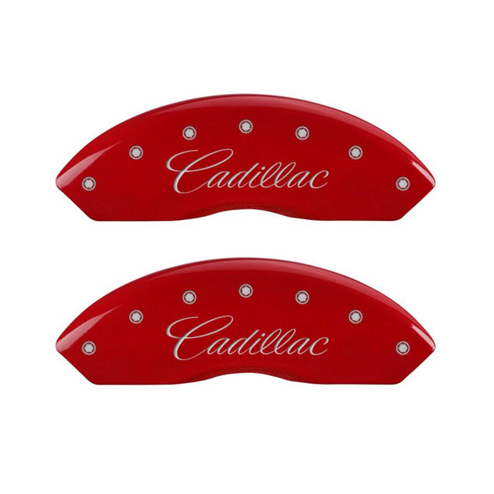 MGP 4 Caliper Covers Engraved Front Cursive/Cadillac Engraved Rear SRX Red finish silver ch