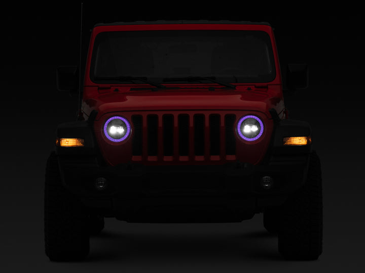 Raxiom 18-22 Jeep Wrangler JL/JT Axial 9-Inch LED Headlights w/RGB Halo- Black Housing (Clear Lens)