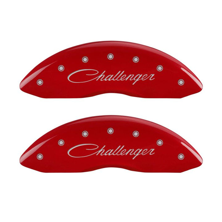 MGP 4 Caliper Covers Engraved Front Cursive/Challenger Engraved Rear RT Red finish silver ch