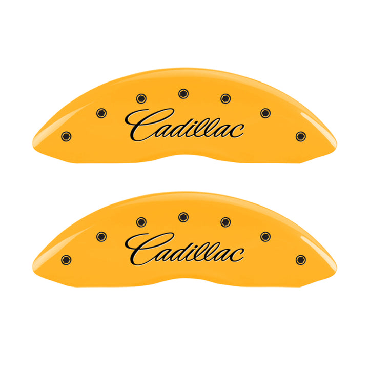 MGP 4 Caliper Covers Engraved Front Cursive/Cadillac Engraved Rear CTS4 Yellow finish black ch