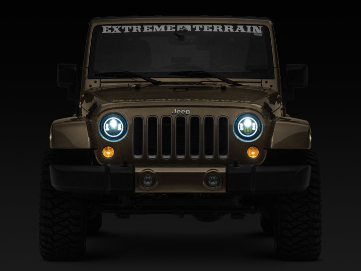 Raxiom 97-18 Jeep Wrangler TJ/JK Axial 7-Inch LED Headlights w/RGB Halo- Black Housing (Clear Lens)