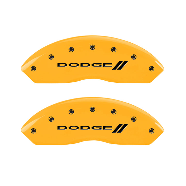 MGP 4 Caliper Covers Engraved Front & Rear With stripes/Dodge Yellow finish black ch