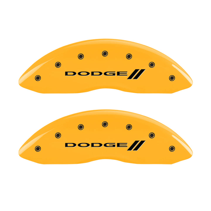 MGP 4 Caliper Covers Engraved Front & Rear With stripes/Dodge Yellow finish black ch