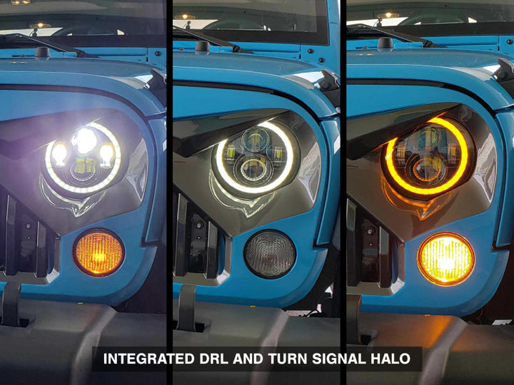 Raxiom 97-18 Jeep Wrangler TJ/JK Axial Halo Headlights w/ DRL Amber Signals- Black Hsng (Clear Lens)