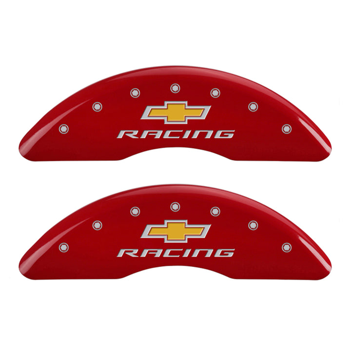 MGP 4 Caliper Covers Engraved Front & Rear Chevy Racing Red Finish Silver Char 2016 Chevrolet Camaro