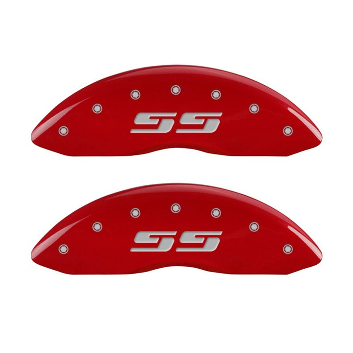 MGP Front set 2 Caliper Covers Engraved Front Silverado style/SS Red finish silver ch