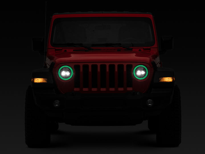 Raxiom 18-22 Jeep Wrangler JL/JT Axial 9-Inch LED Headlights w/RGB Halo- Black Housing (Clear Lens)