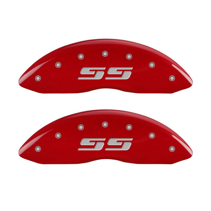 MGP Front set 2 Caliper Covers Engraved Front Silverado style/SS Red finish silver ch