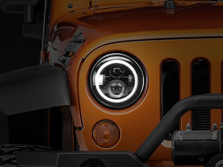 Raxiom 97-18 Jeep Wrangler TJ/JK Axial Halo Headlights w/ DRL Amber Signals- Black Hsng (Clear Lens)