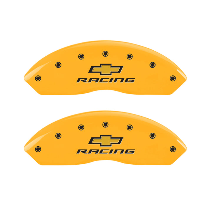 MGP 4 Caliper Covers Engraved Front & Rear Chevy Racing Yellow Power Coat Finish Black Characters