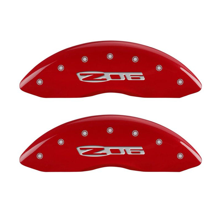 MGP 4 Caliper Covers Engraved Front C6/Corvette Engraved Rear C6/Z06 Red finish silver ch